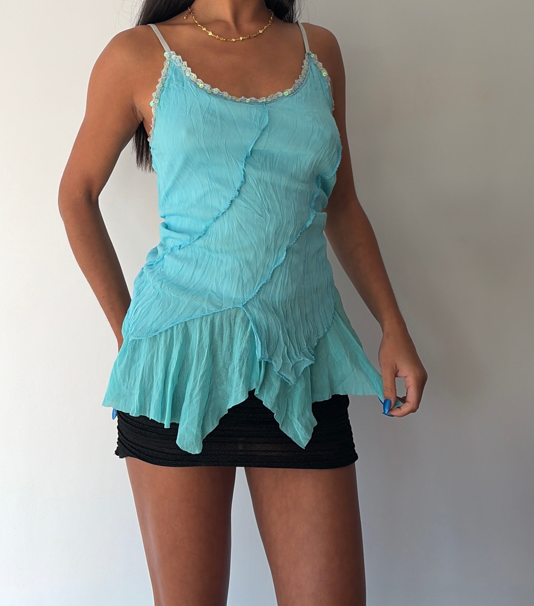 Turquoise Blue Asymmetrical Sequin Cami Top