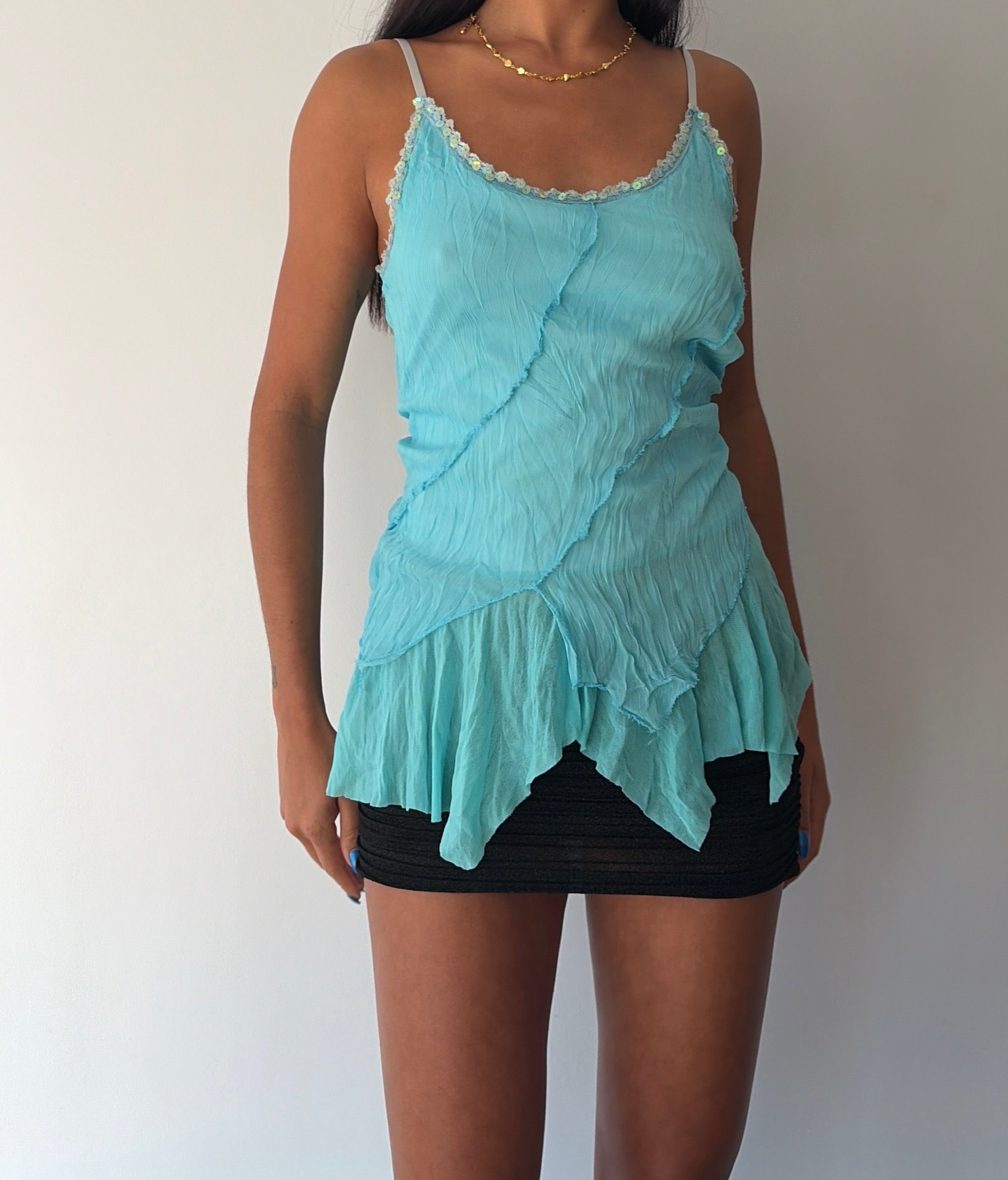 Turquoise Blue Asymmetrical Sequin Cami Top