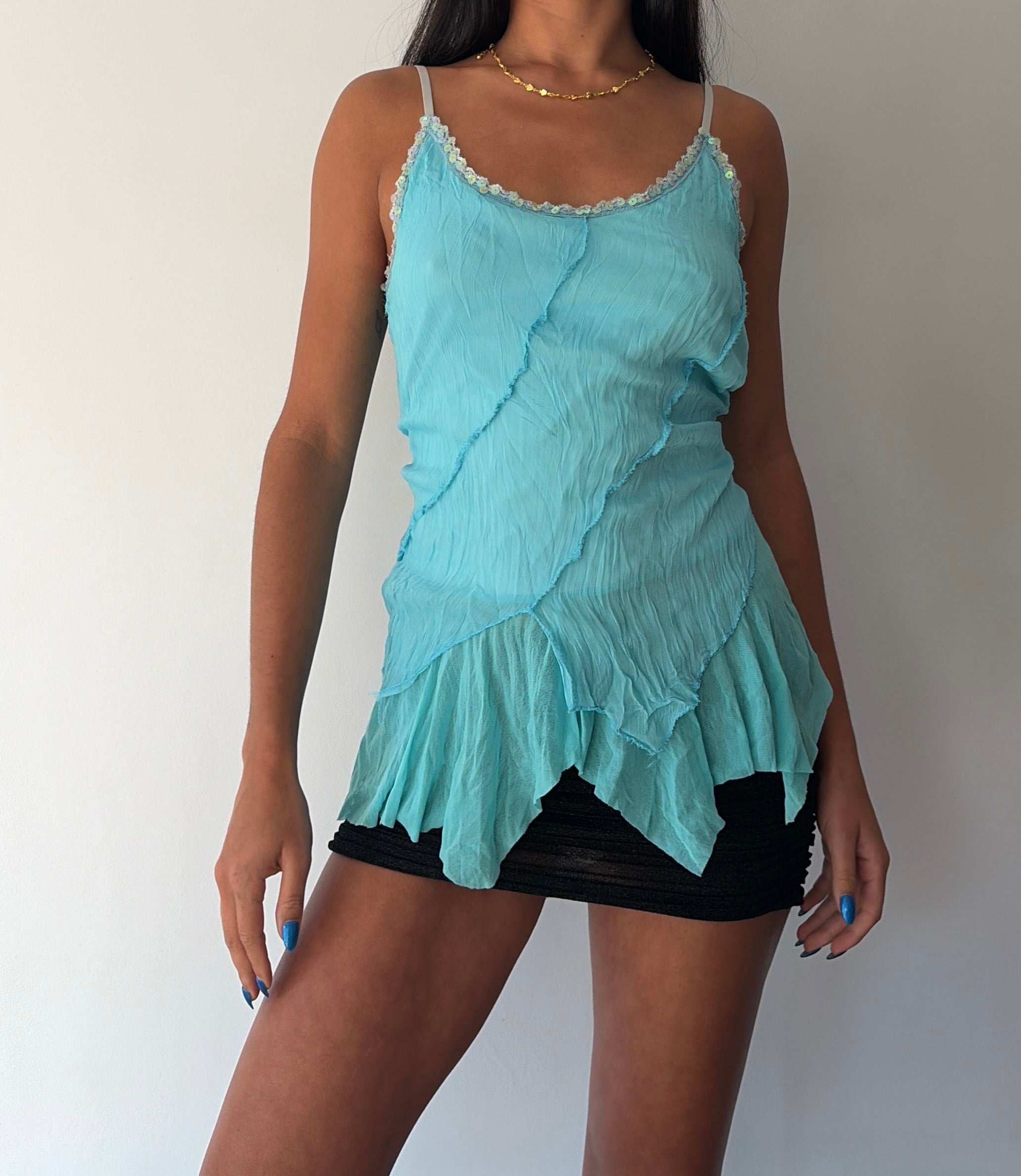 Turquoise Blue Asymmetrical Sequin Cami Top