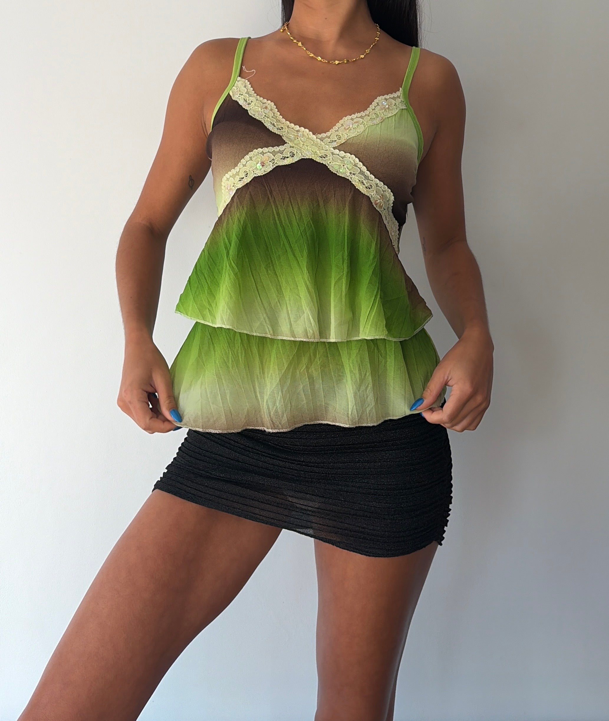 Green and Brown Sequin Ruffle Cami Top