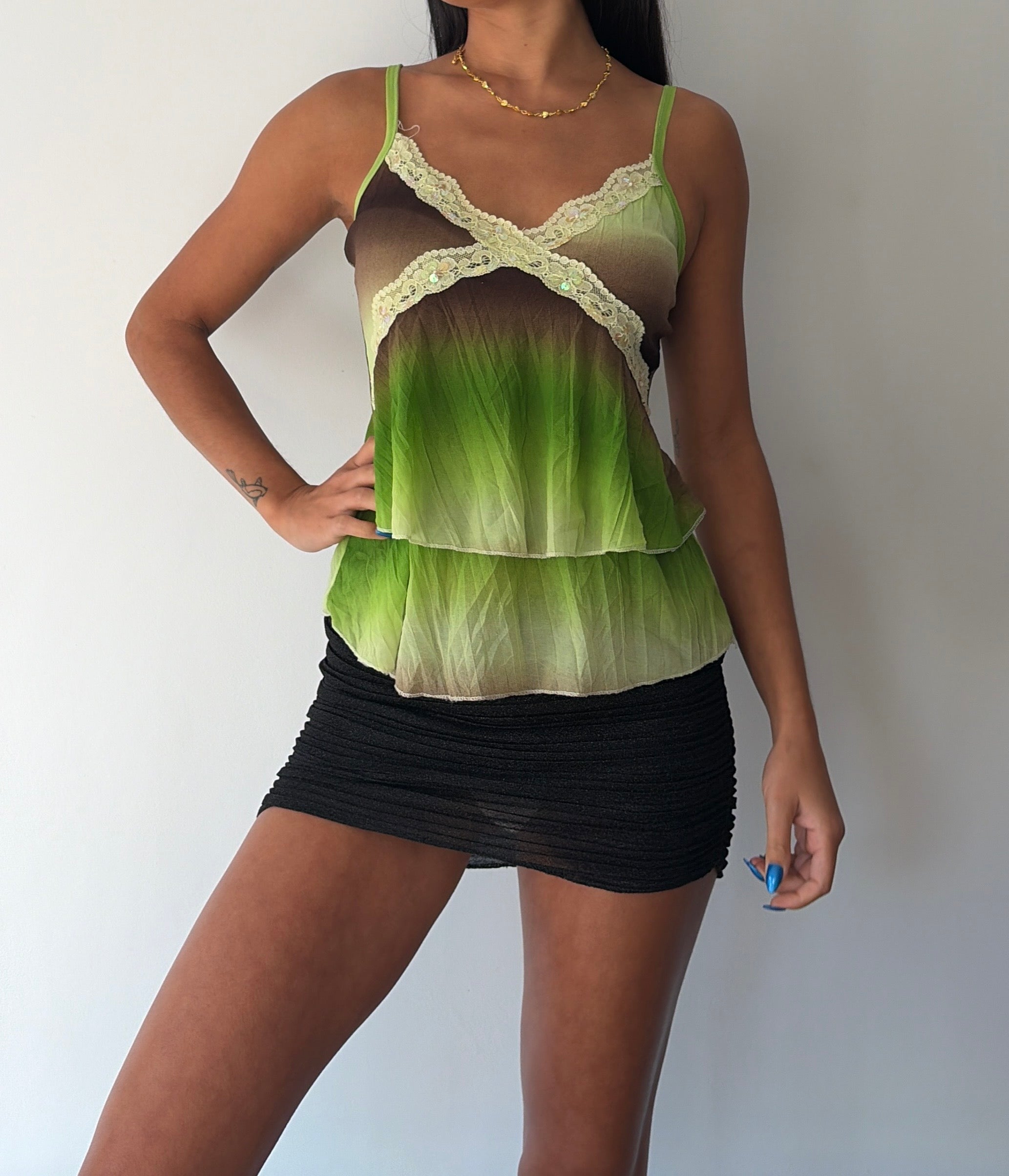 Green and Brown Sequin Ruffle Cami Top