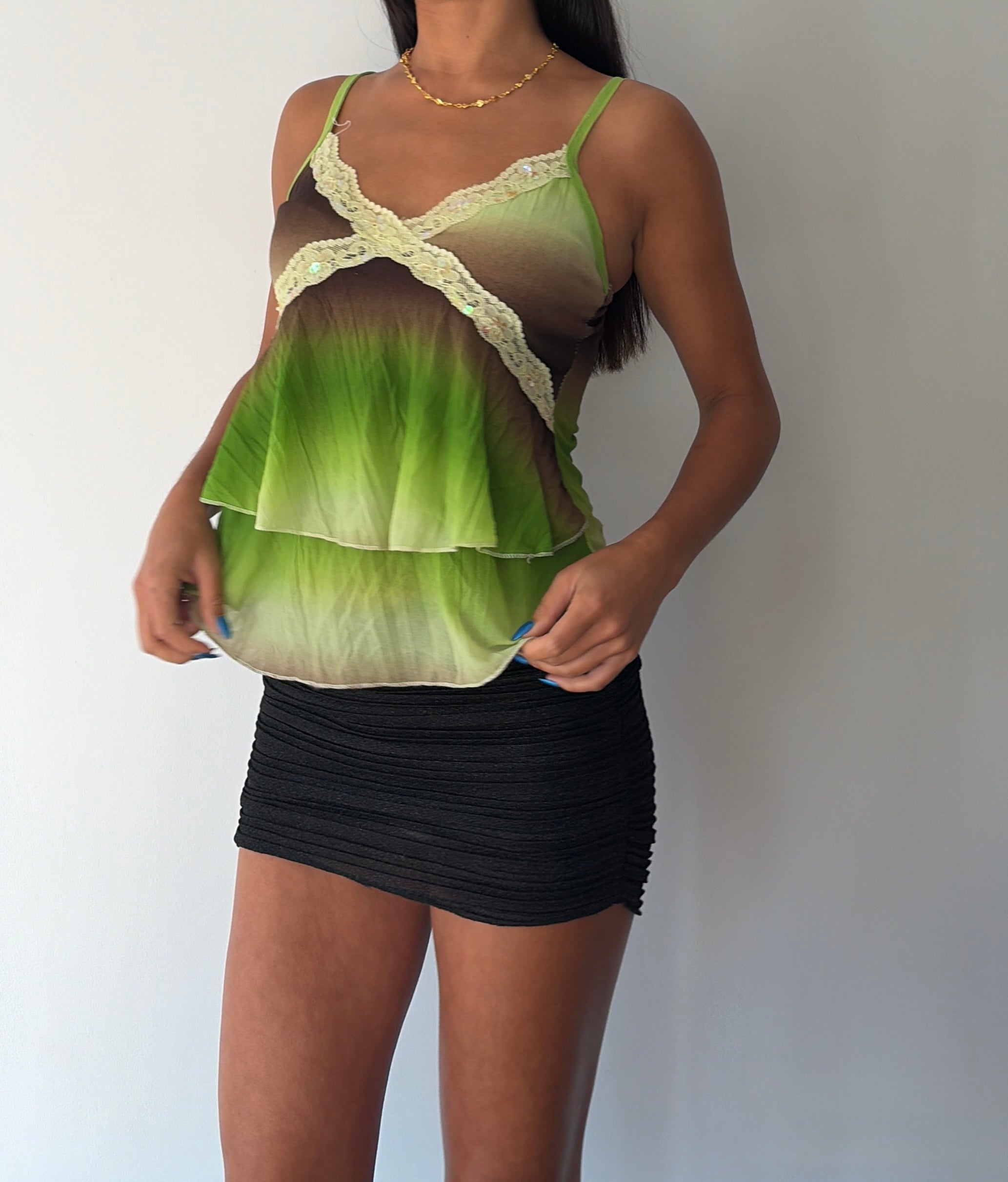 Green and Brown Sequin Ruffle Cami Top