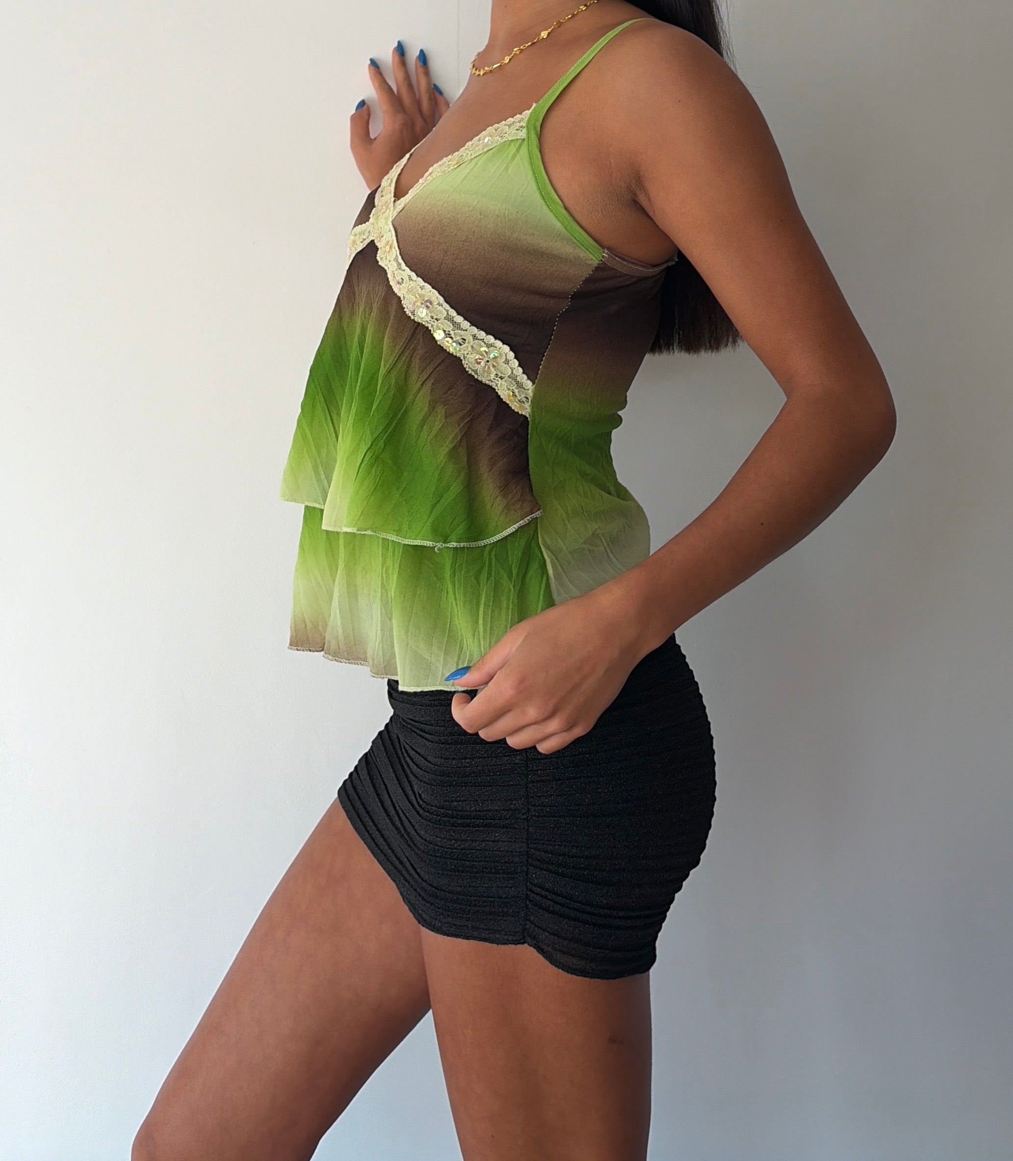 Green and Brown Sequin Ruffle Cami Top