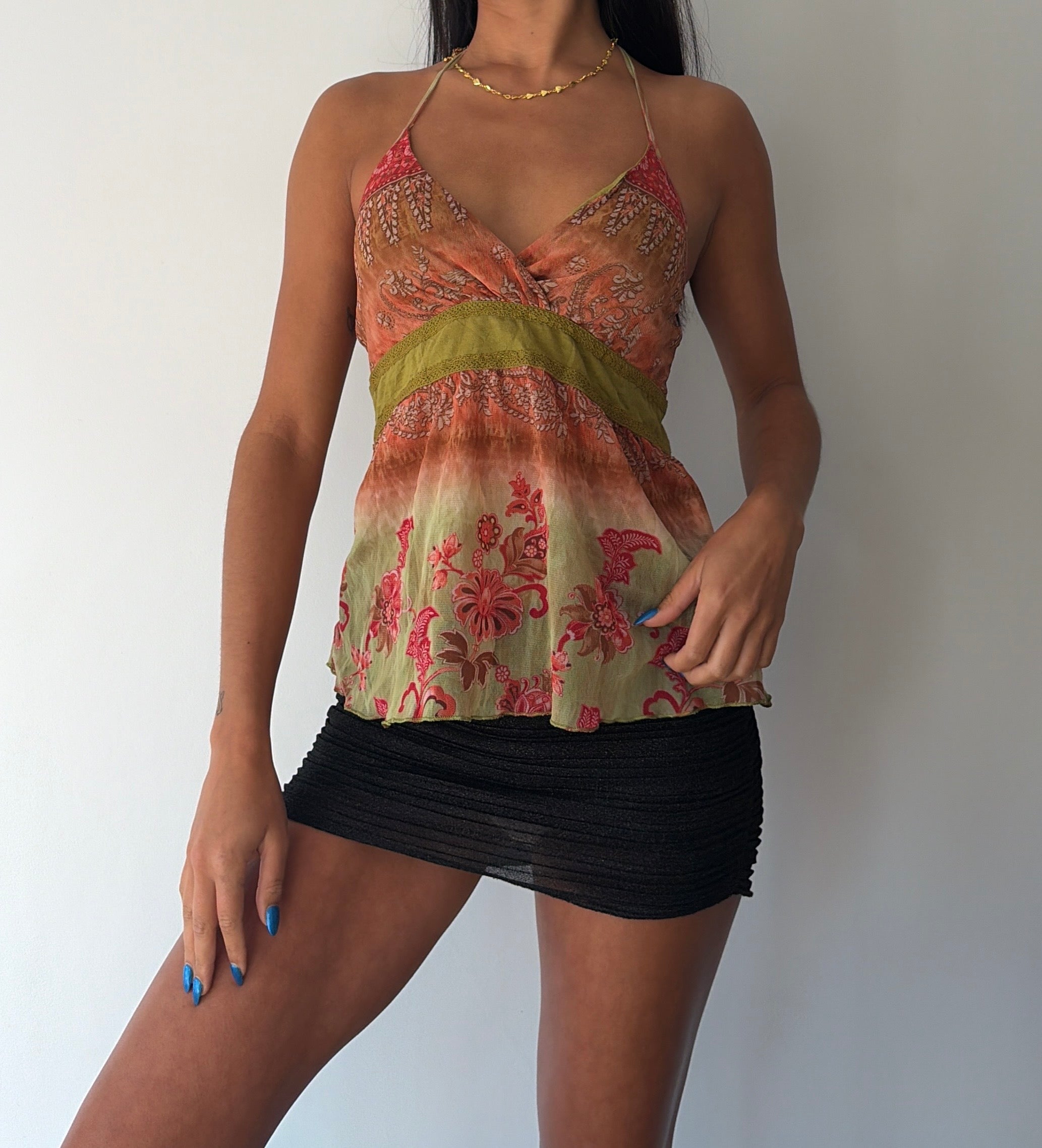 Orange and Green Silk Halterneck Top