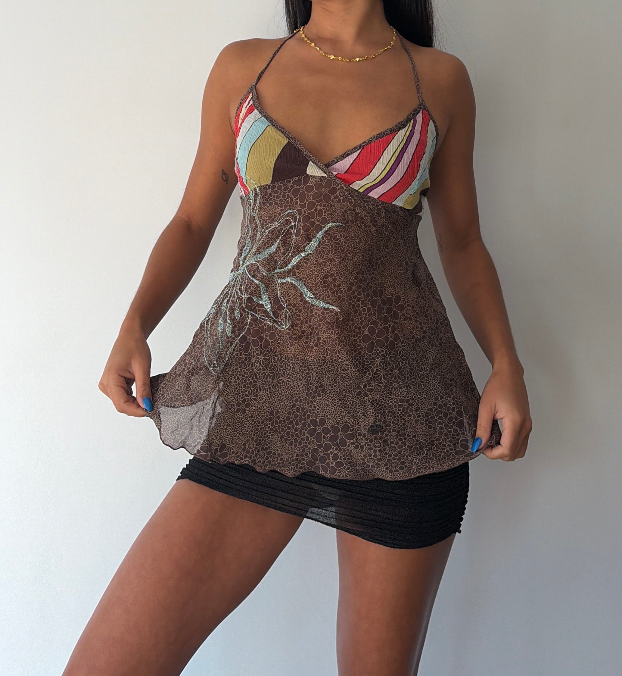 Silk Brown Stripe Detail Halterneck