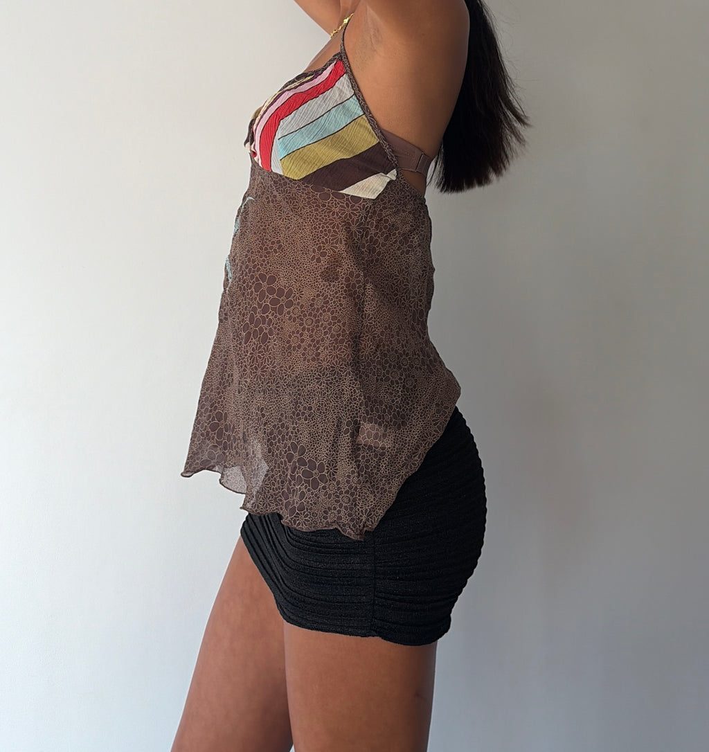 Silk Brown Stripe Detail Halterneck