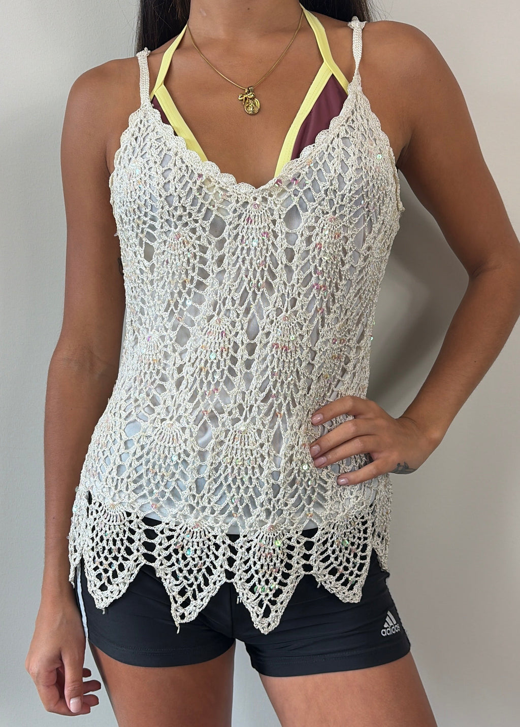 White Feathered Crochet Sequin Cami