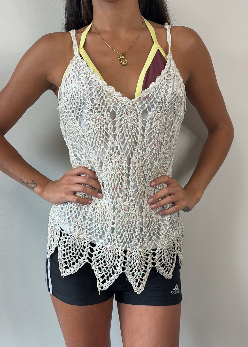 White Feathered Crochet Sequin Cami