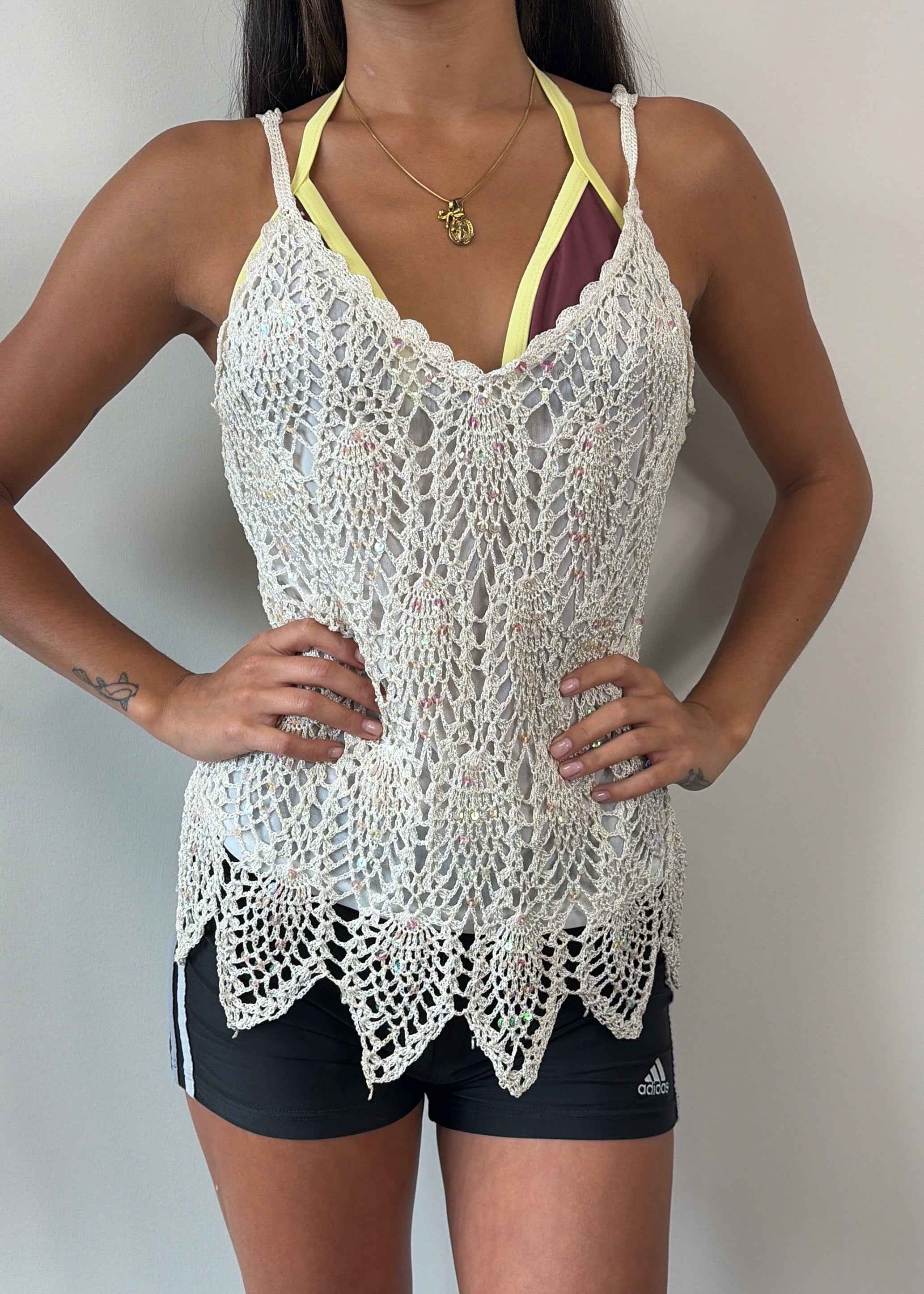 White Feathered Crochet Sequin Cami