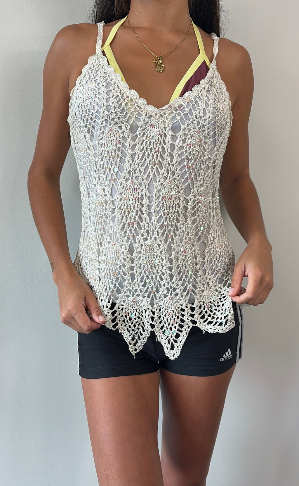White Feathered Crochet Sequin Cami