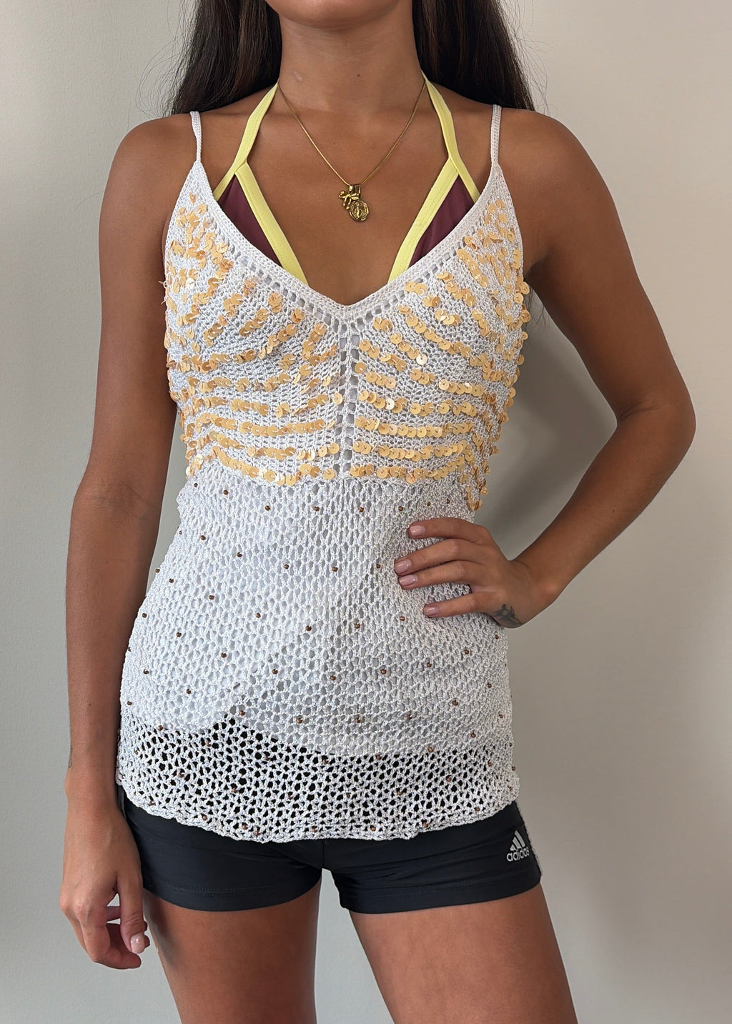 White and Gold Sequin Crochet Cami