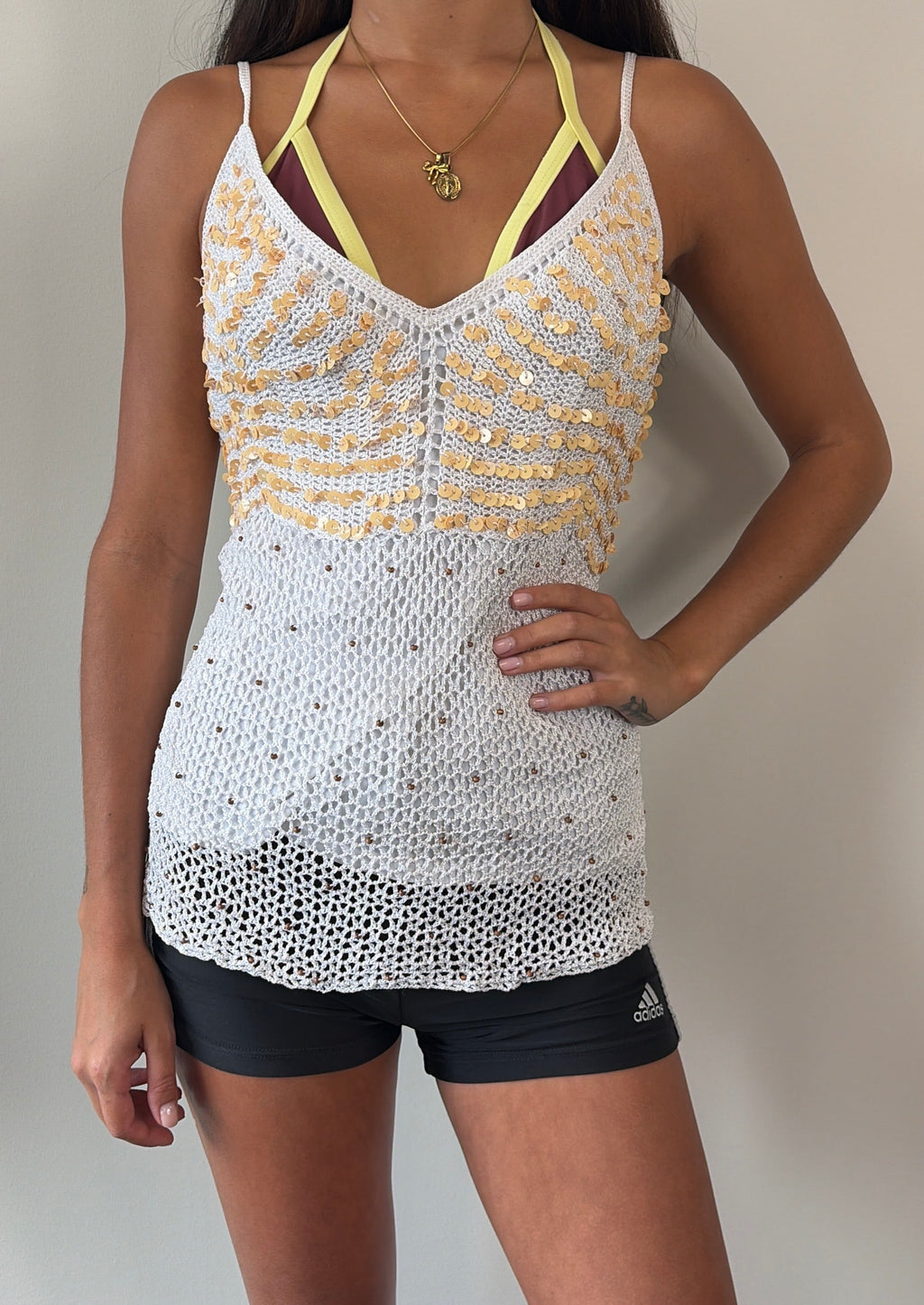 White and Gold Sequin Crochet Cami