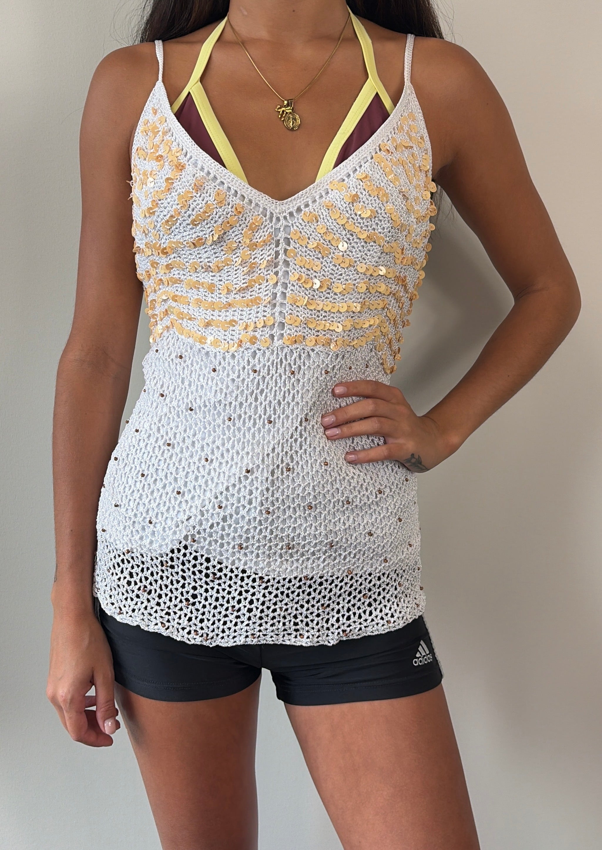 White and Gold Sequin Crochet Cami