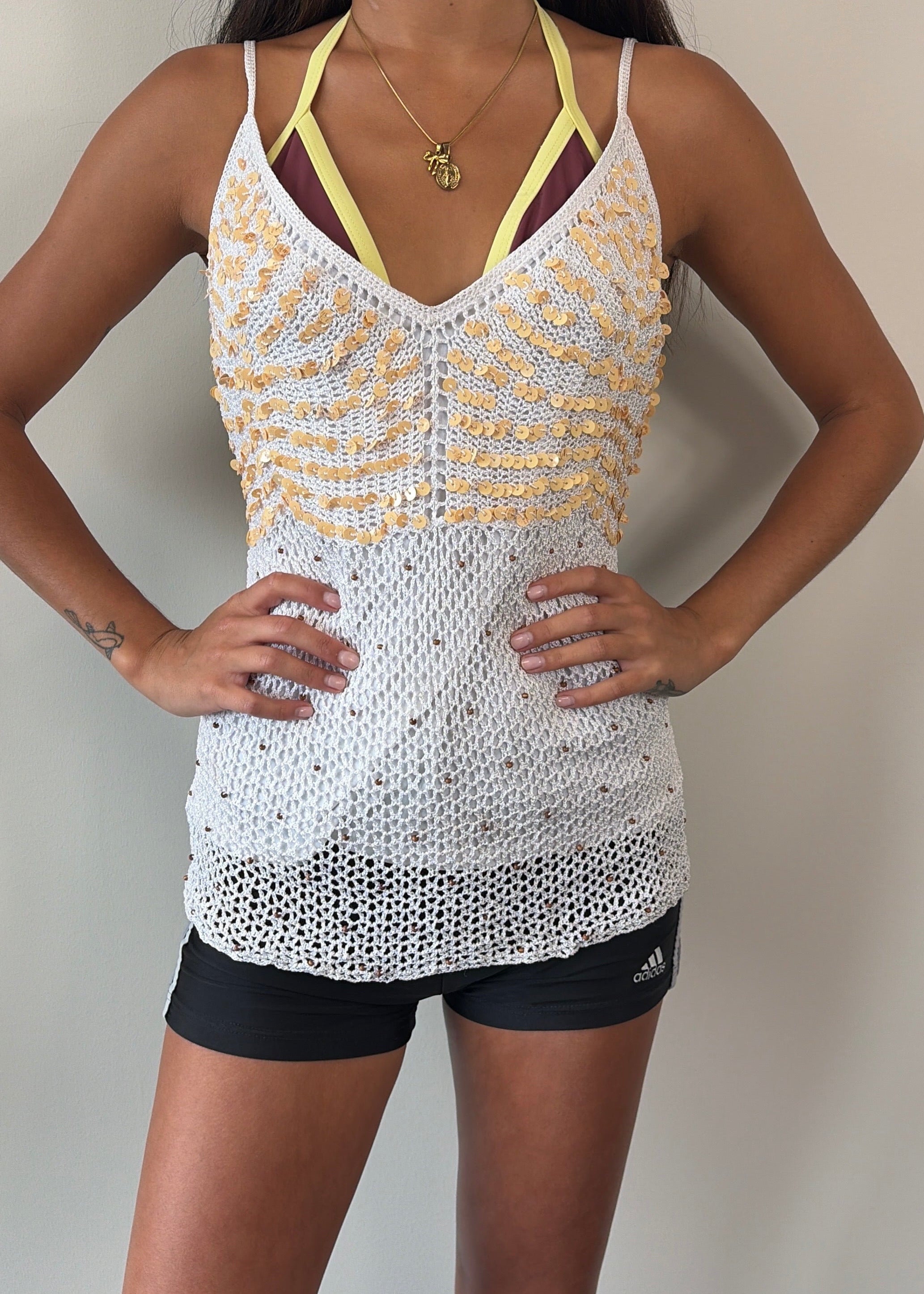 White and Gold Sequin Crochet Cami