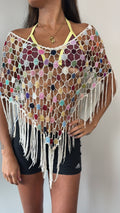 White and Multicolour Crochet Fringe Multiway Poncho
