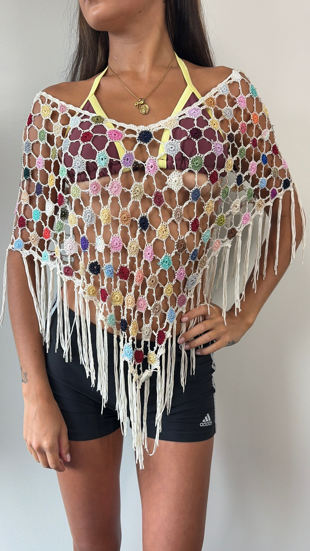 White and Multicolour Crochet Fringe Multiway Poncho