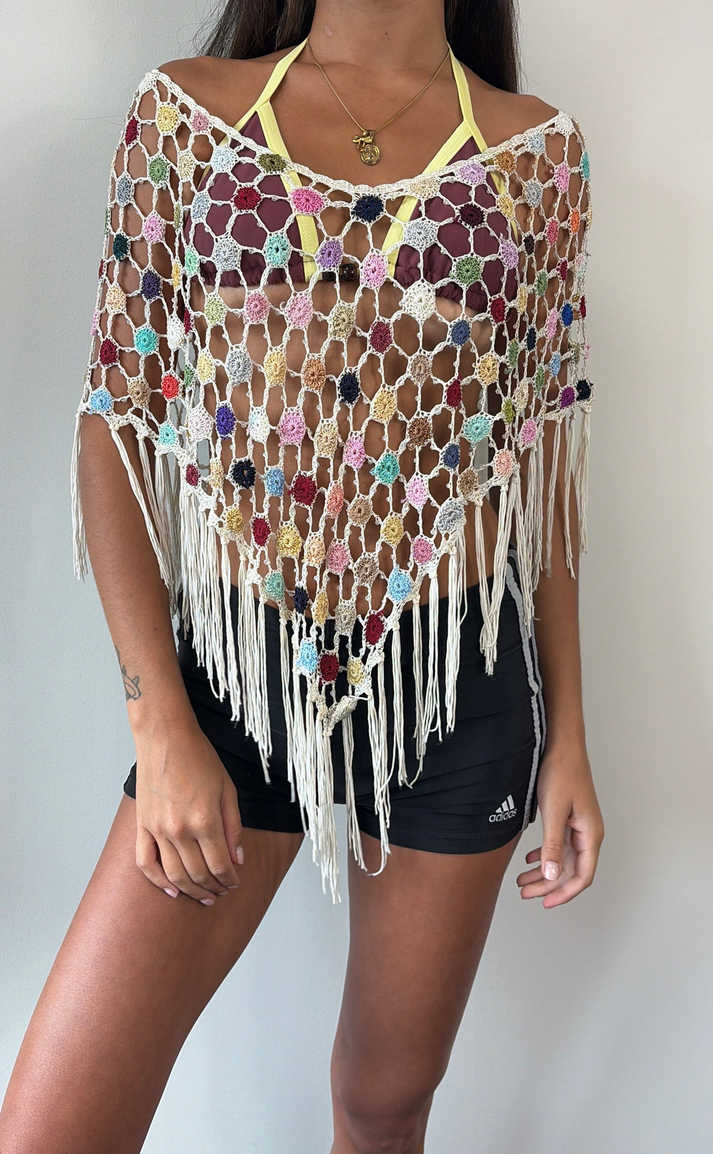 White and Multicolour Crochet Fringe Multiway Poncho