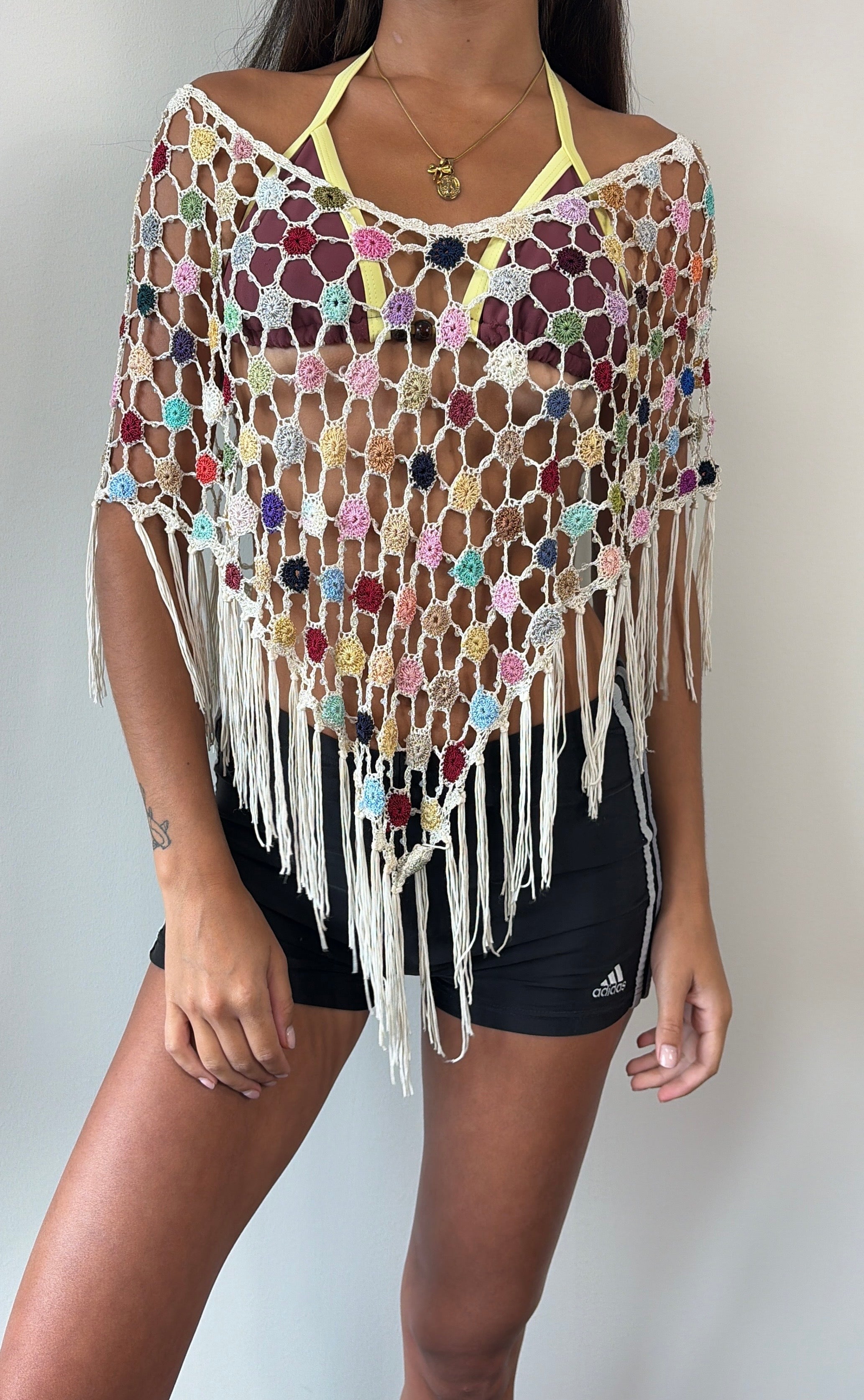 White and Multicolour Crochet Fringe Multiway Poncho