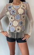Beige and Suede Eyelet Fringe Crochet Long Sleeve