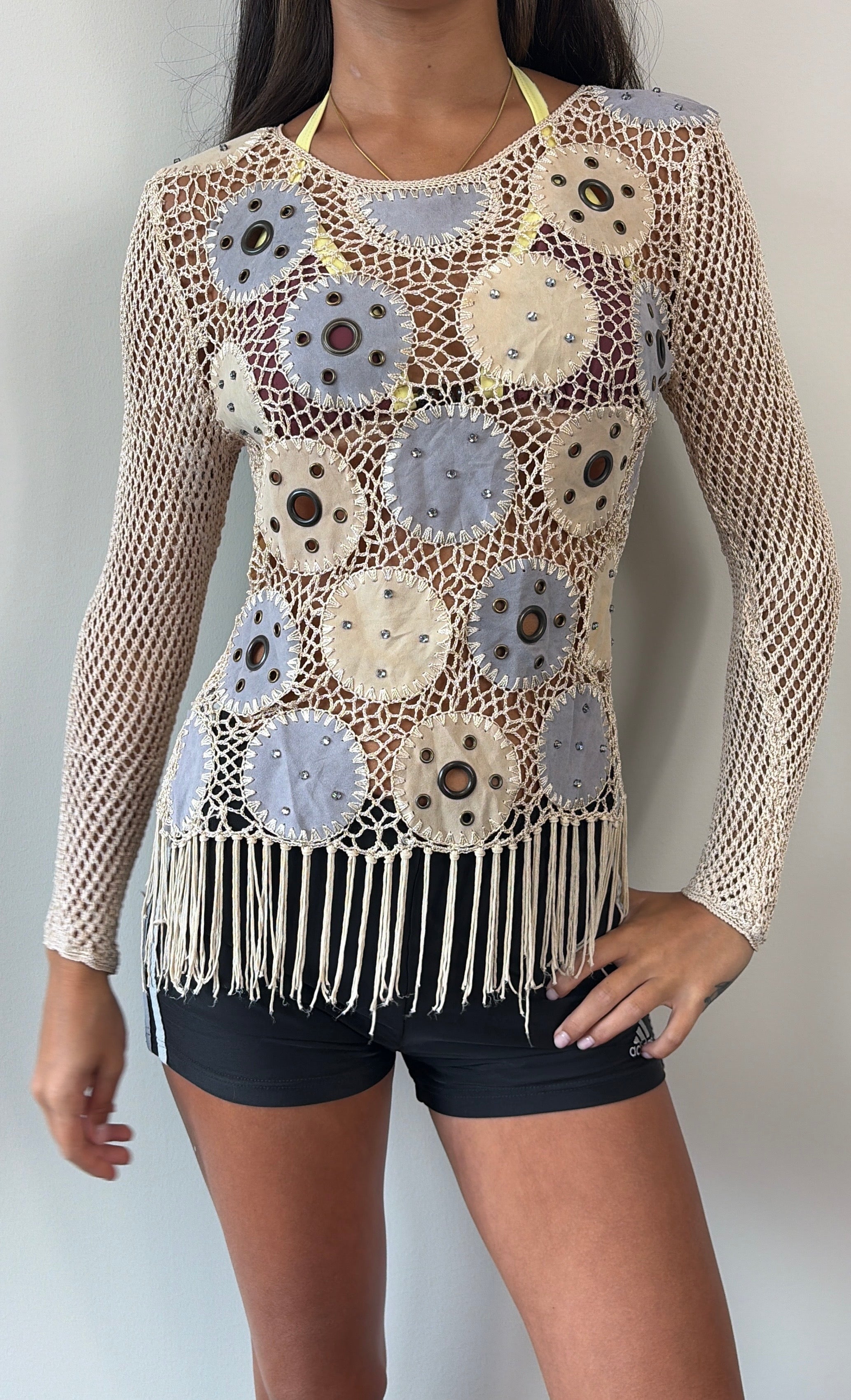 Beige and Suede Eyelet Fringe Crochet Long Sleeve