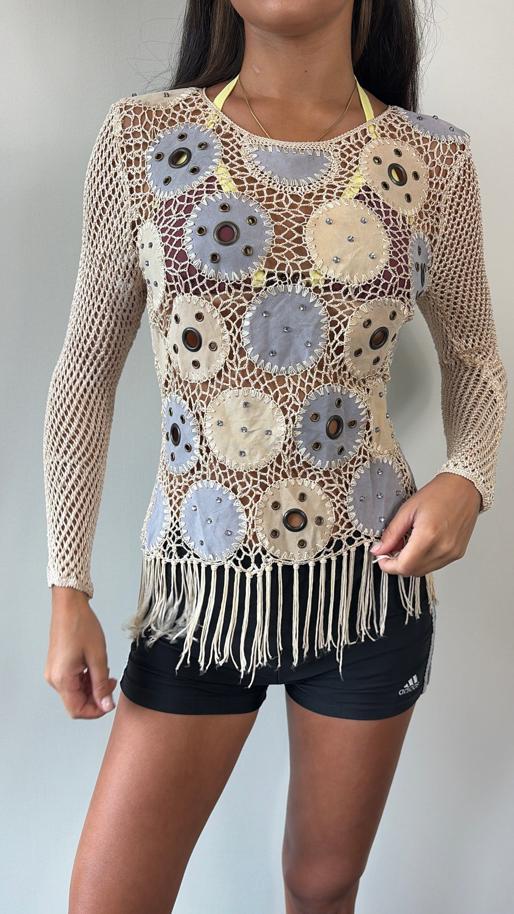 Beige and Suede Eyelet Fringe Crochet Long Sleeve