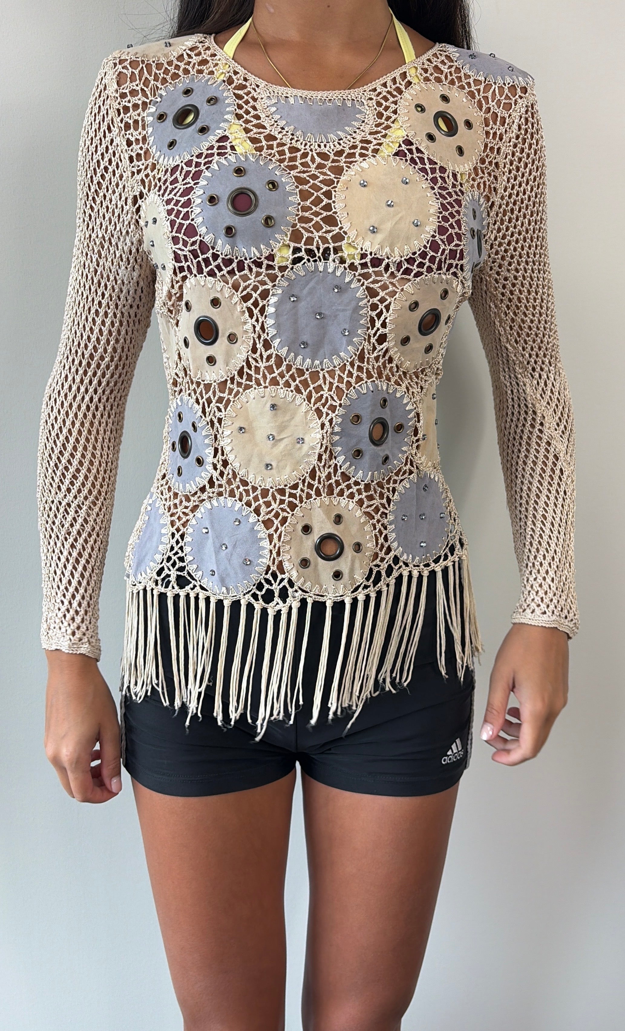 Beige and Suede Eyelet Fringe Crochet Long Sleeve
