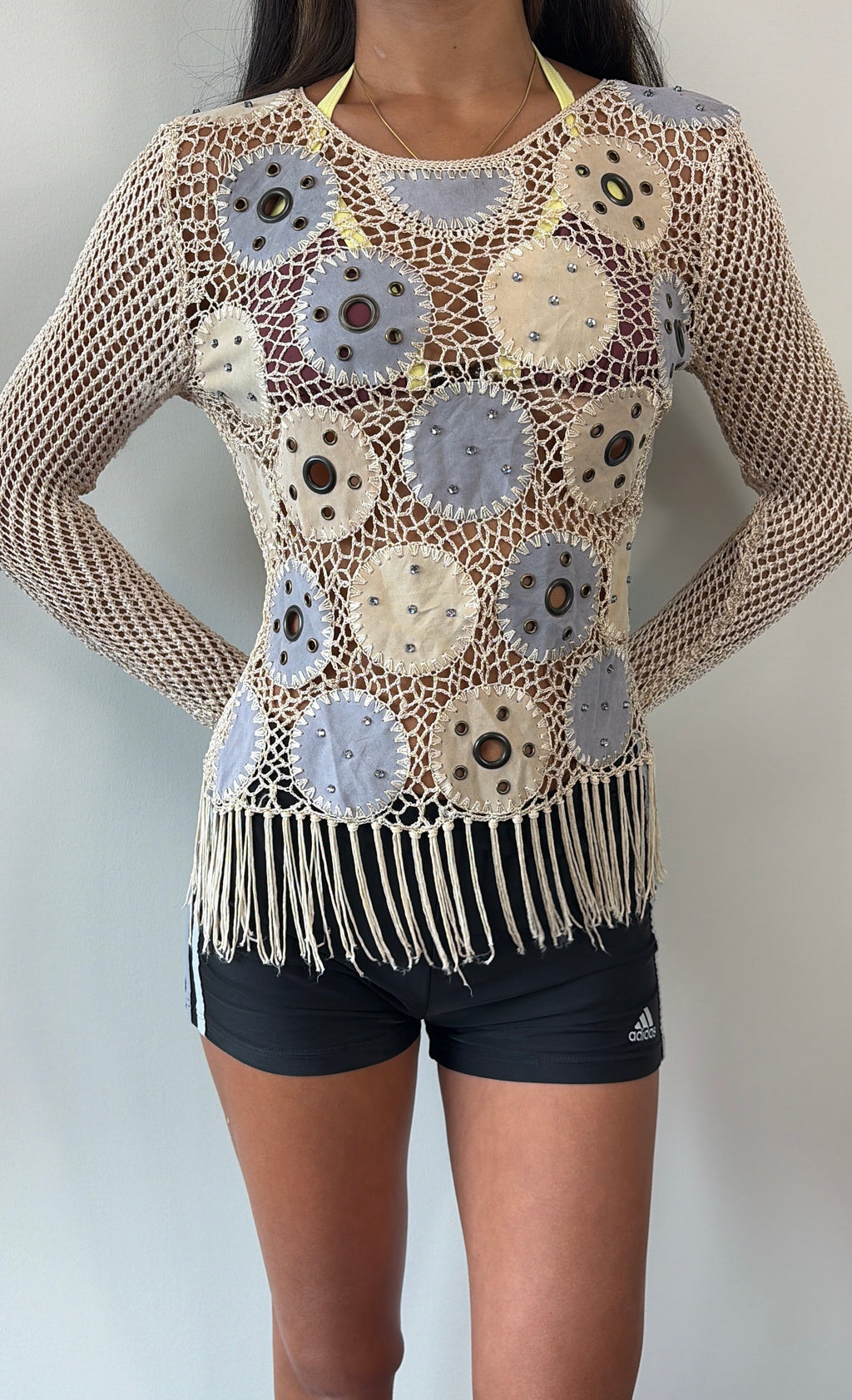 Beige and Suede Eyelet Fringe Crochet Long Sleeve