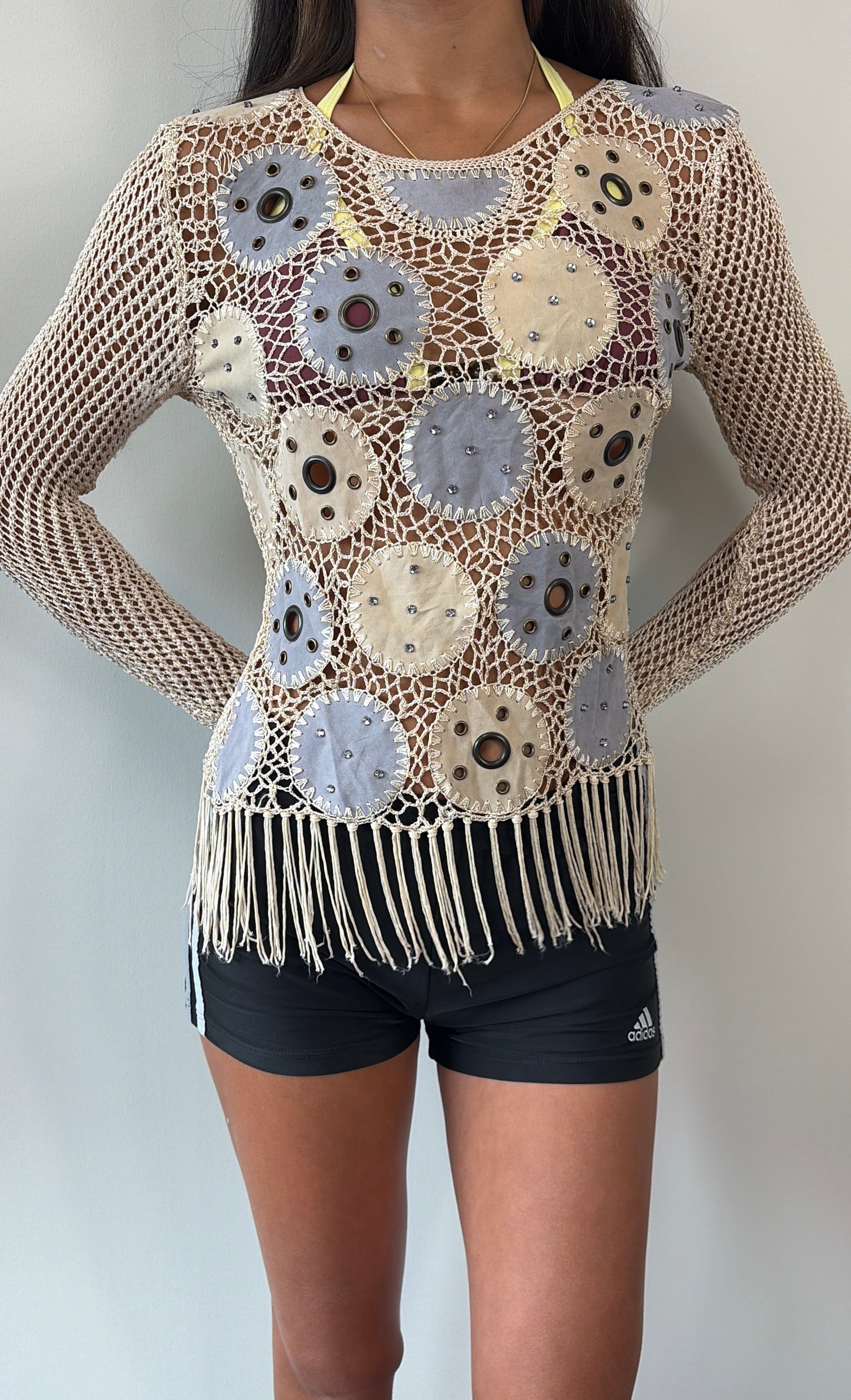 Beige and Suede Eyelet Fringe Crochet Long Sleeve