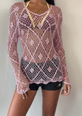Baby Pink Silver Sequin Long Sleeve Crochet Top