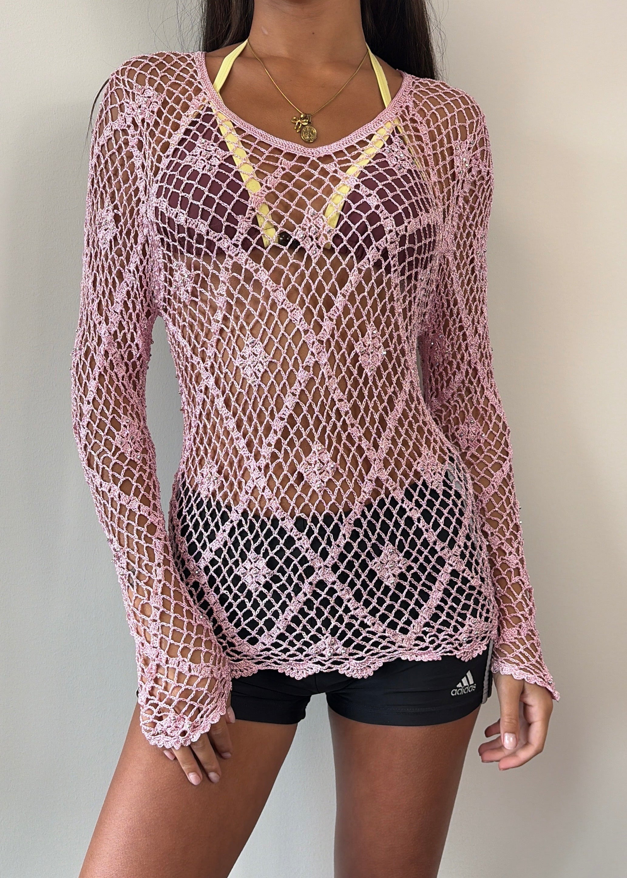 Baby Pink Silver Sequin Long Sleeve Crochet Top
