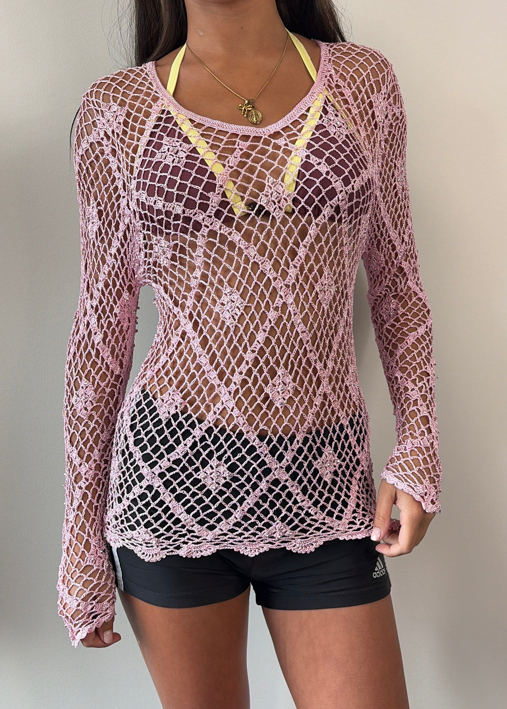 Baby Pink Silver Sequin Long Sleeve Crochet Top