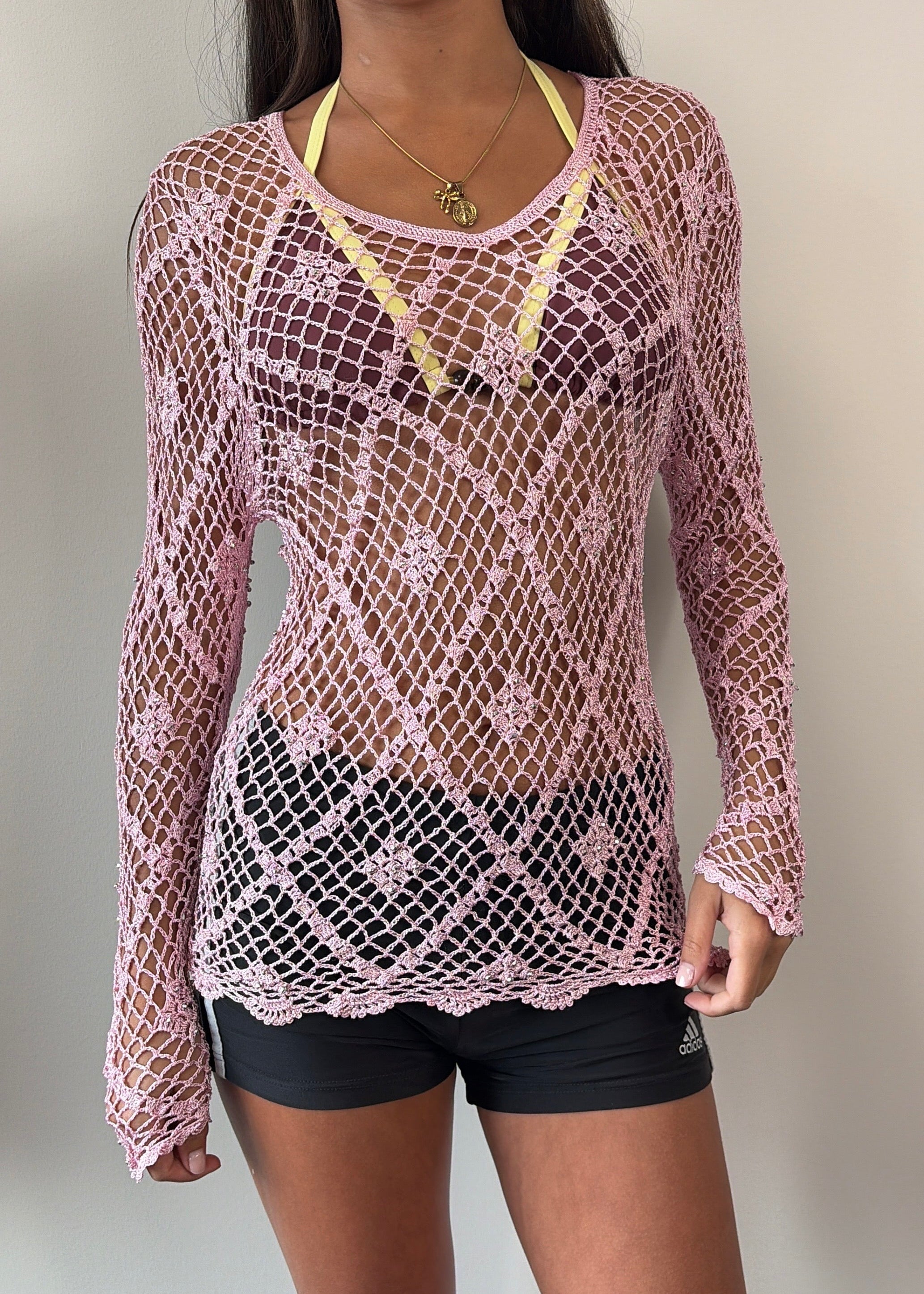 Baby Pink Silver Sequin Long Sleeve Crochet Top