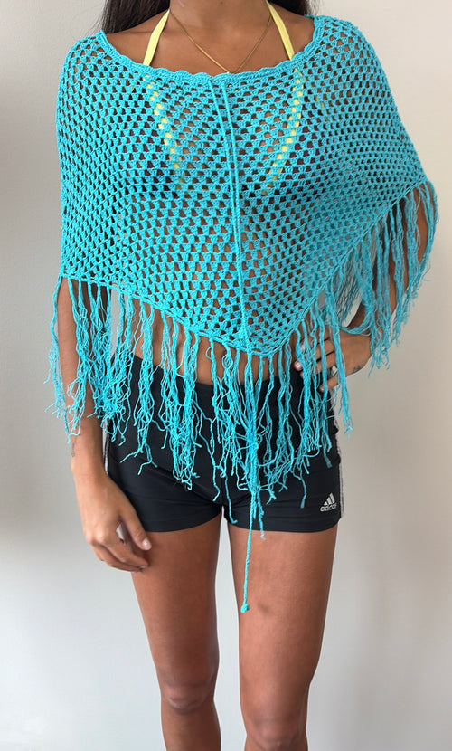 Aqua Turquoise Fringe Multiway Poncho
